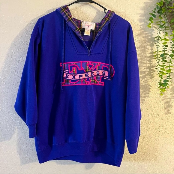 Vintage 90’s Express Athletique Purple and Plaid Embroidered Hoodie Size Small - Picture 1 of 11